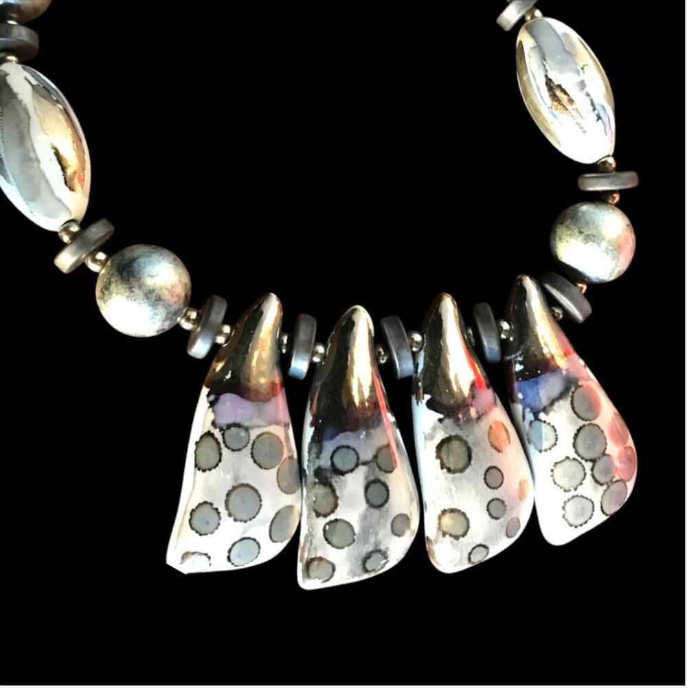 Vintage 1980s Painted Porcelain beaded statement necklace - Made in Japan